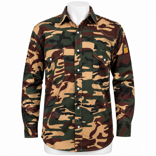 FR Camouflage Work Shirt – Military Camouflage – front view on mannequin