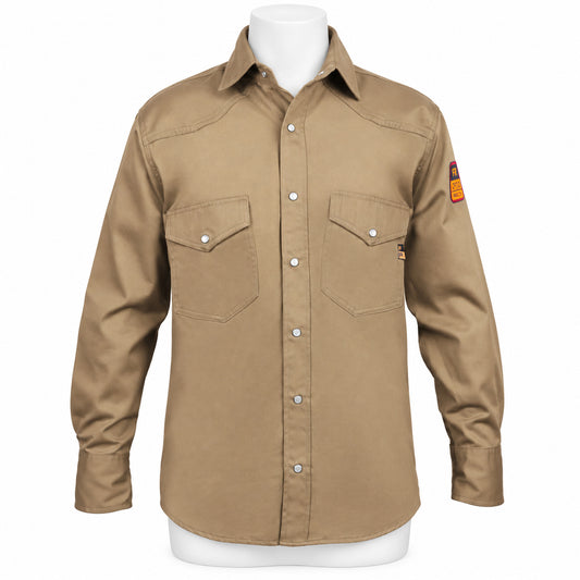 Heavyweight FR Welding Shirt – Khaki – front view on mannequin