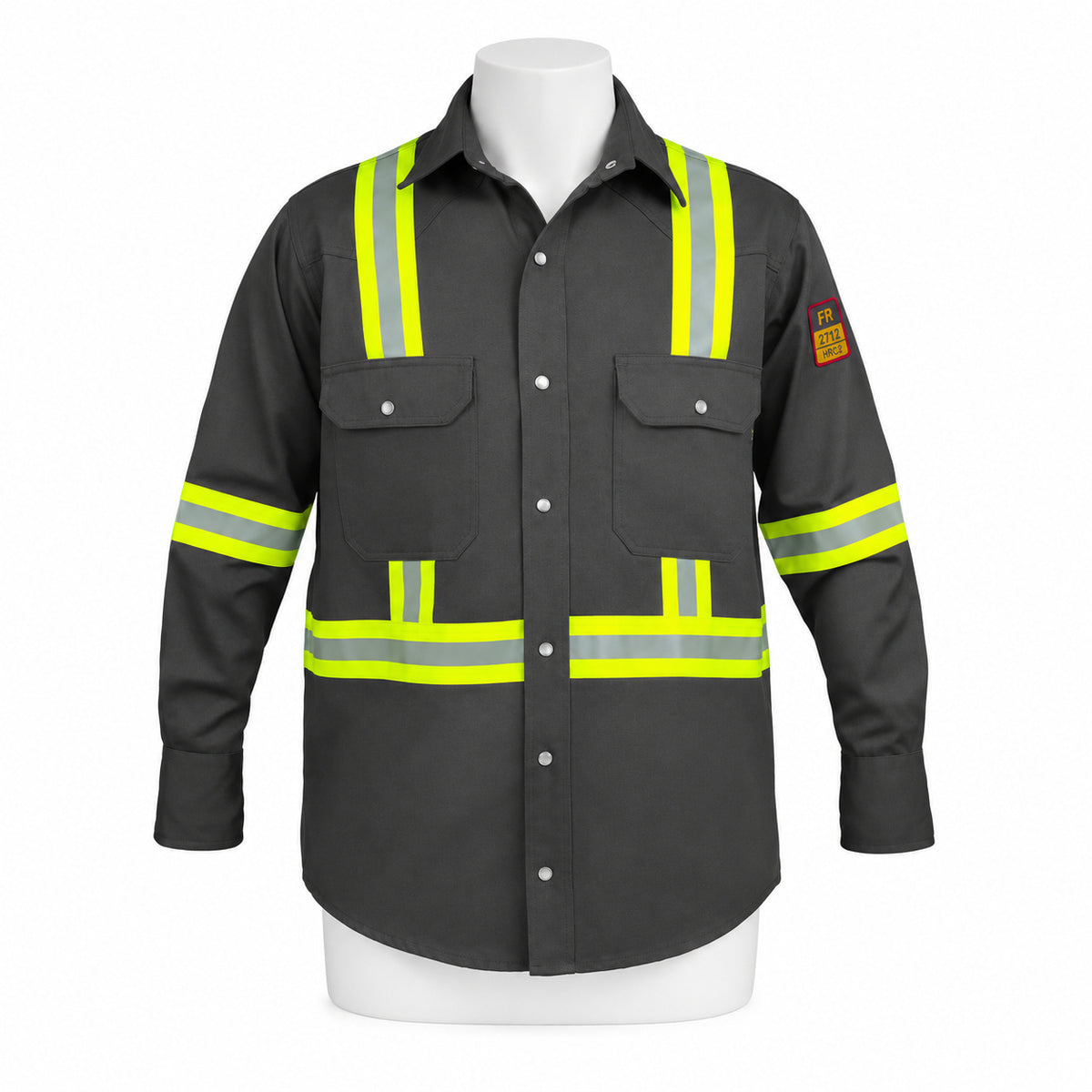 FR Hi-Vis Pearl Snap Work Shirt – Dark Grey – front view on mannequin