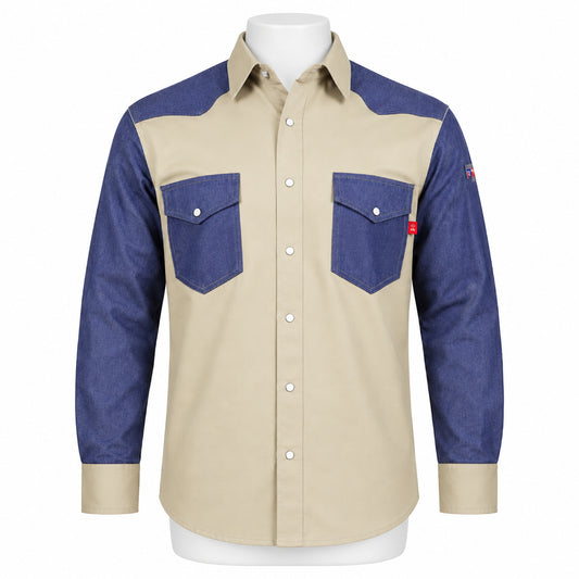 FR Two-Tone Western Shirt – Khaki / Denim – front view on mannequin