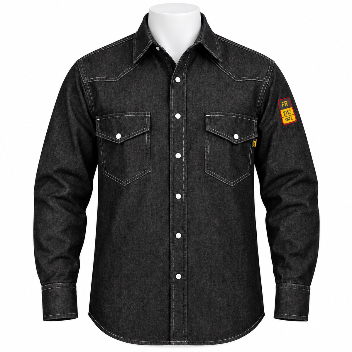 FR Denim Western Shirt – Black Denim – front view on mannequin