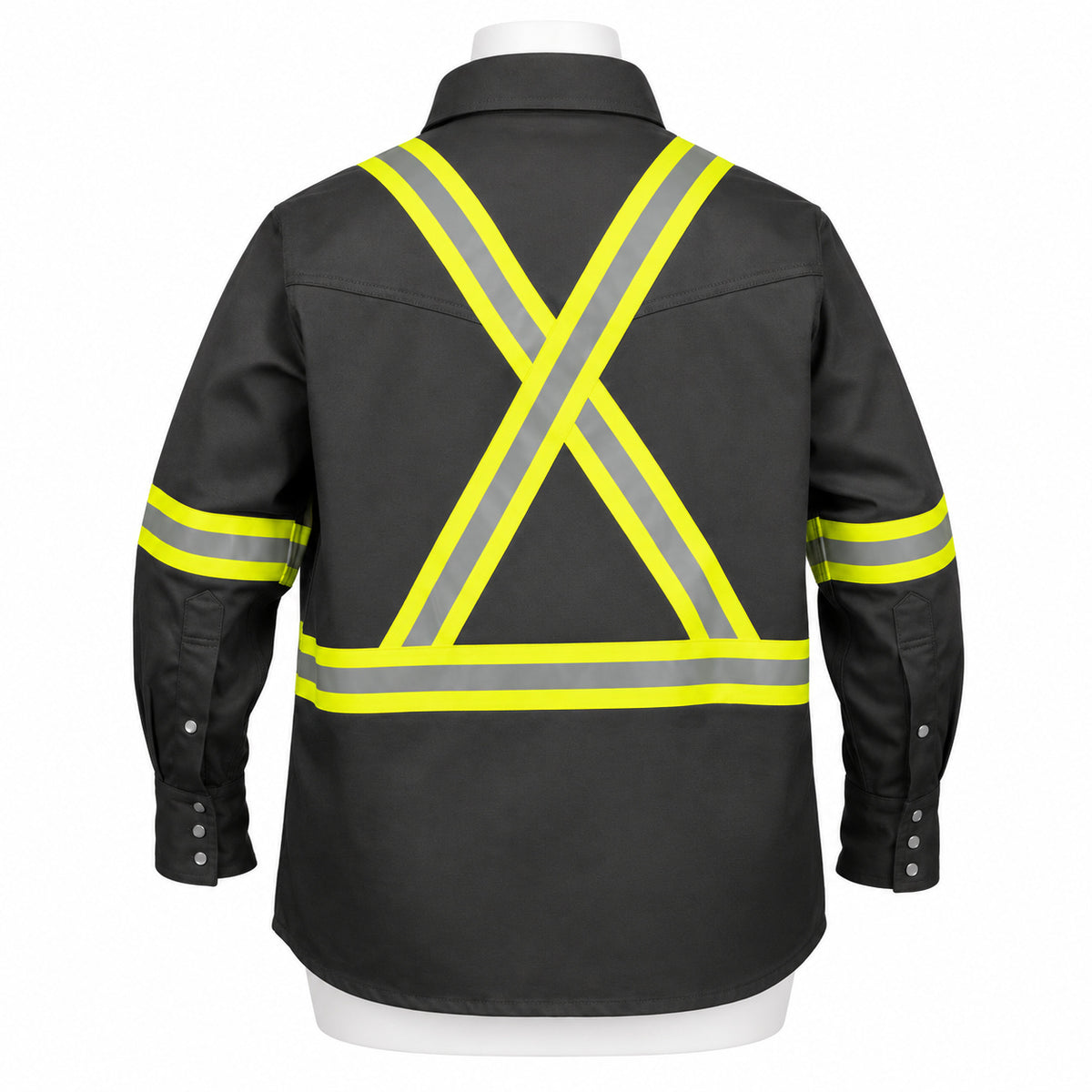 FR Hi-Vis Pearl Snap Work Shirt – Dark Grey – back view on mannequin