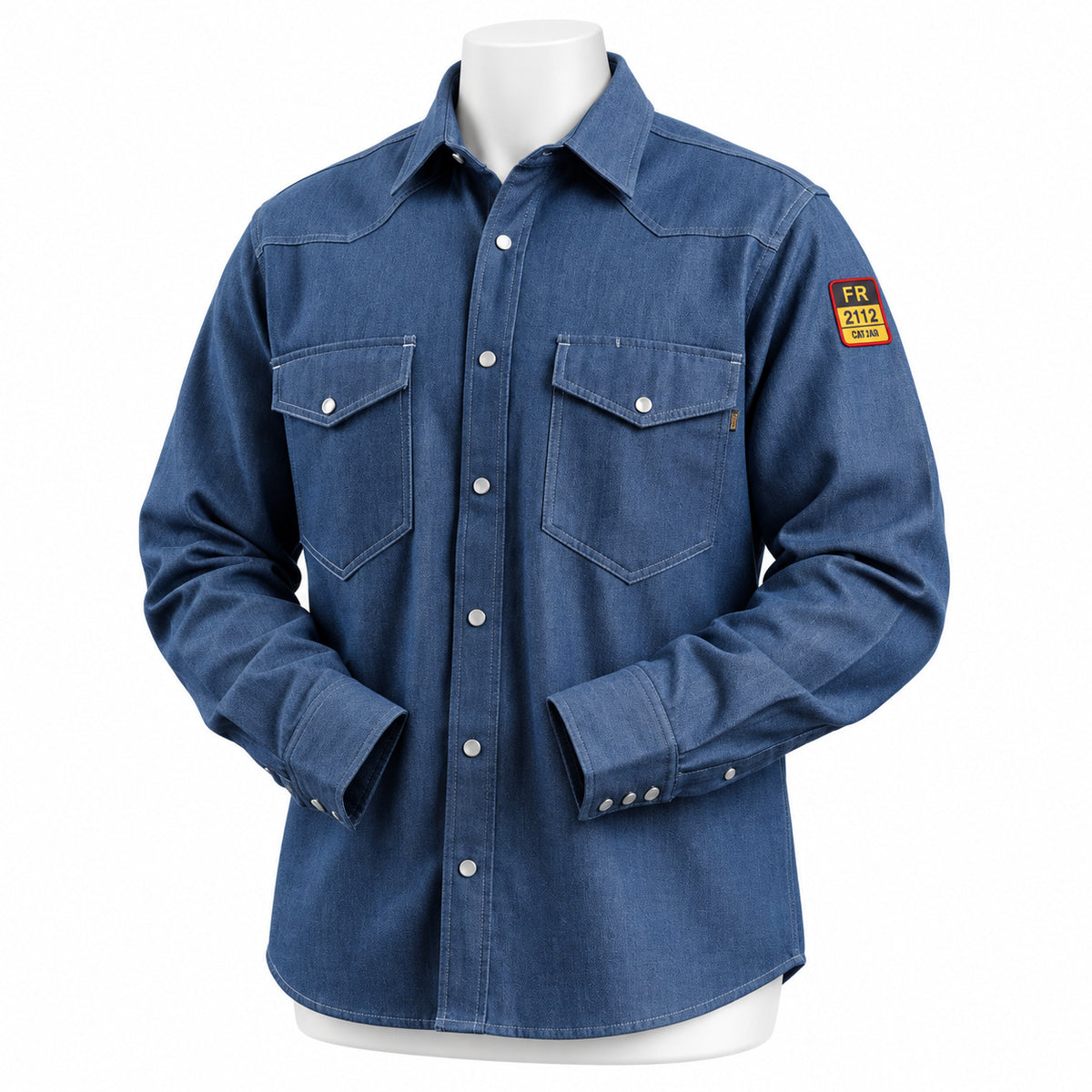 FR Denim Western Shirt – Blue Denim – angled view on mannequin