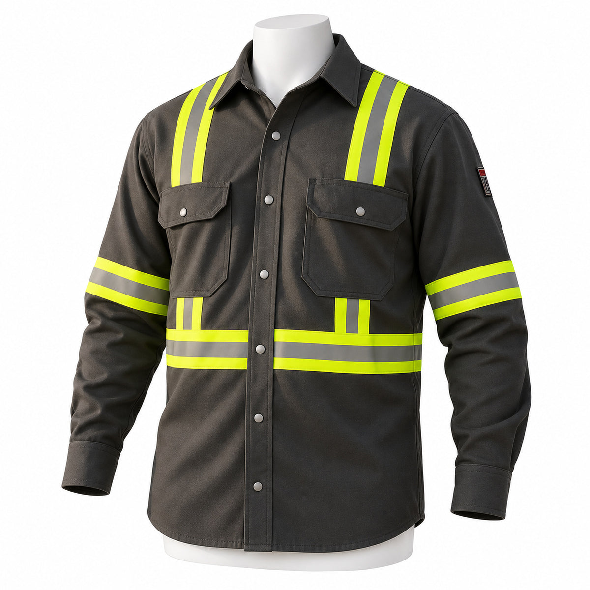 FR Hi-Vis Pearl Snap Work Shirt – Dark Grey – angled view on mannequin
