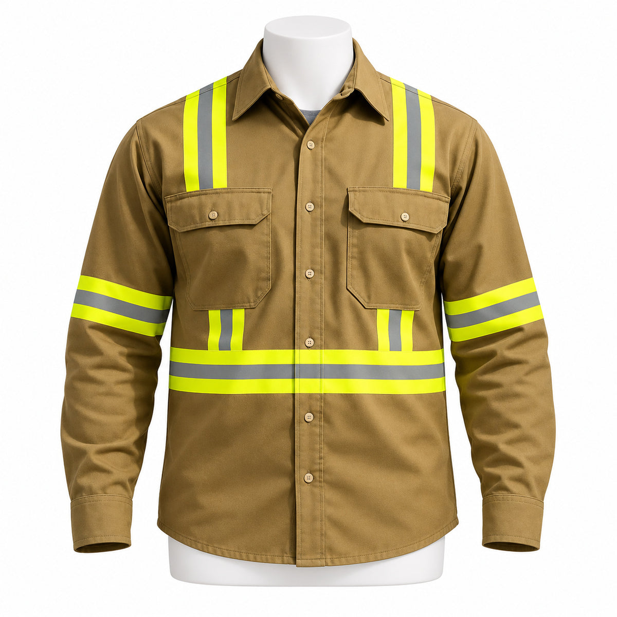 FR Hi-Vis Pearl Snap Work Shirt – Khaki – angled view on mannequin