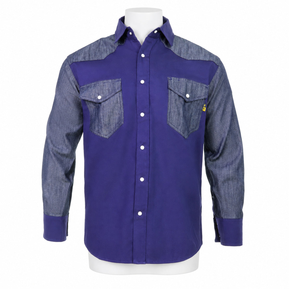 FR Two-Tone Western Shirt – Navy Blue / Denim – front view on mannequin