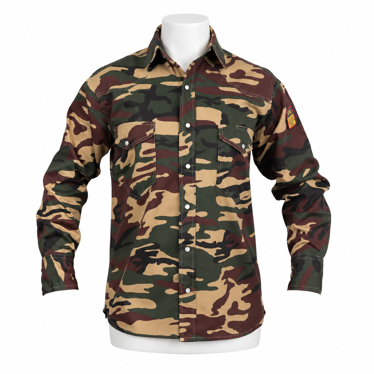 FR Camouflage Work Shirt – Military Camouflage – front view on mannequin