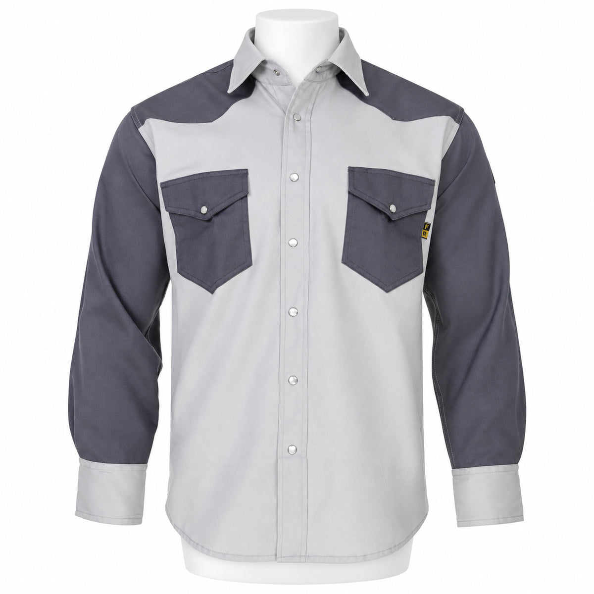 FR Two-Tone Western Shirt – Light Grey / Dark Grey – front view on mannequin