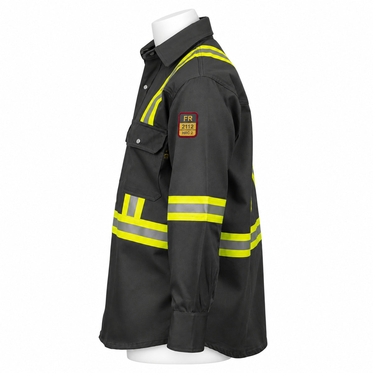 FR Hi-Vis Pearl Snap Work Shirt – Dark Grey – left side view on mannequin