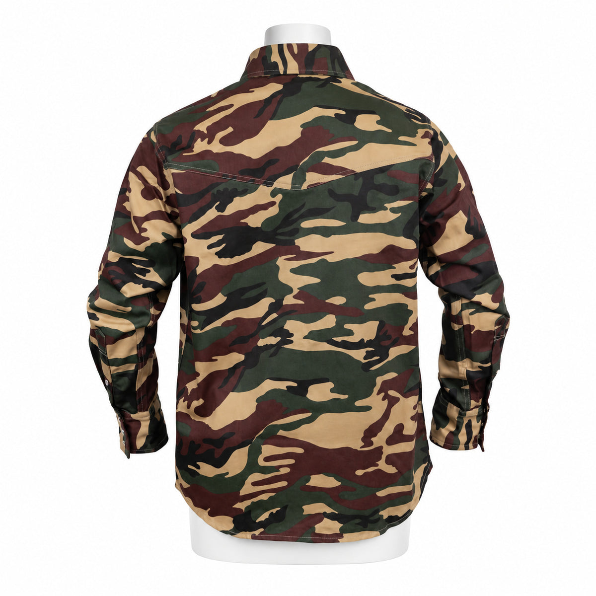 FR Camouflage Work Shirt – Military Camouflage – back view on mannequin