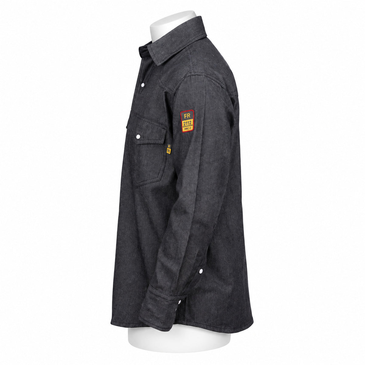 FR Denim Western Shirt – Black Denim – left side view on mannequin