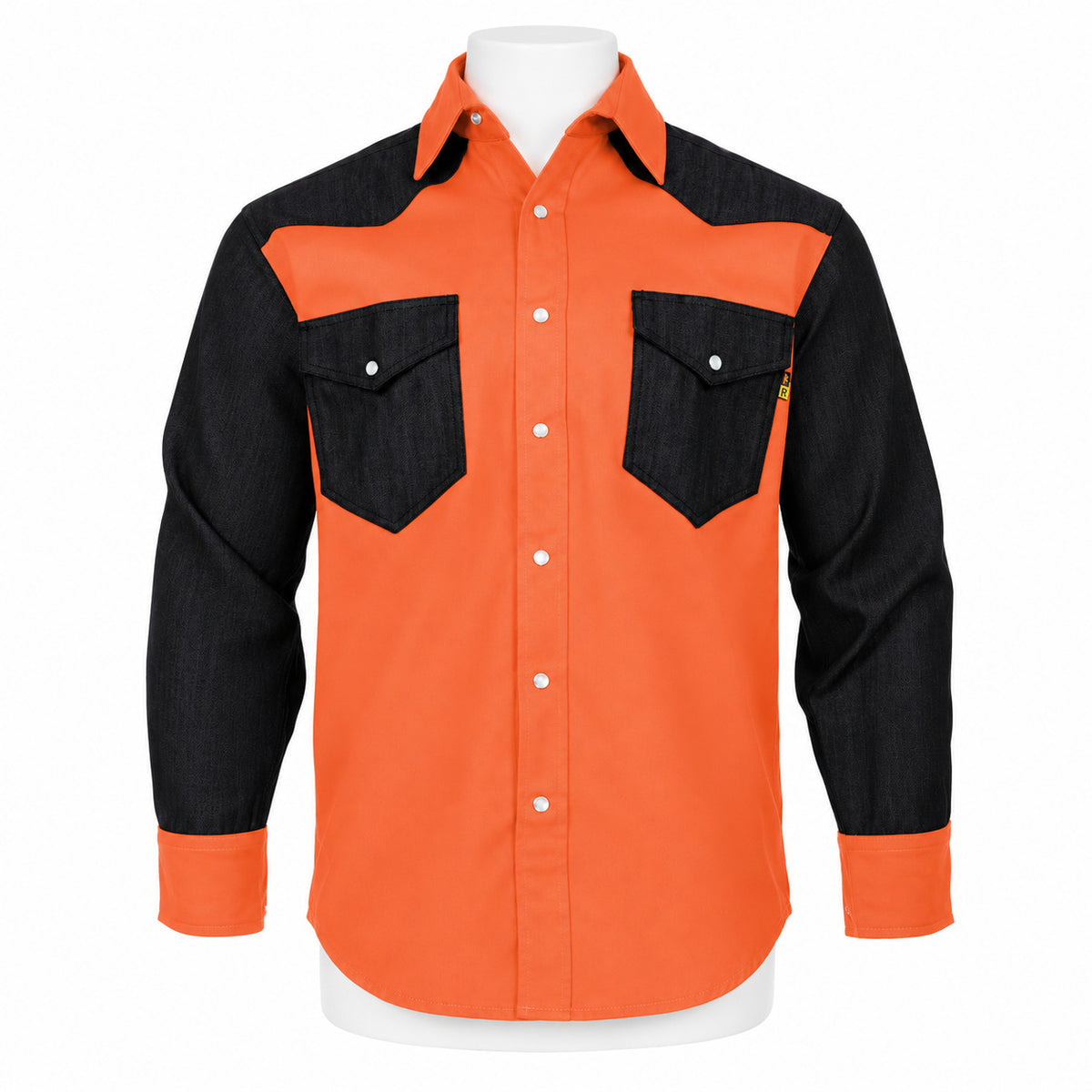 FR Two-Tone Western Shirt – Rust / Denim – front view on mannequin