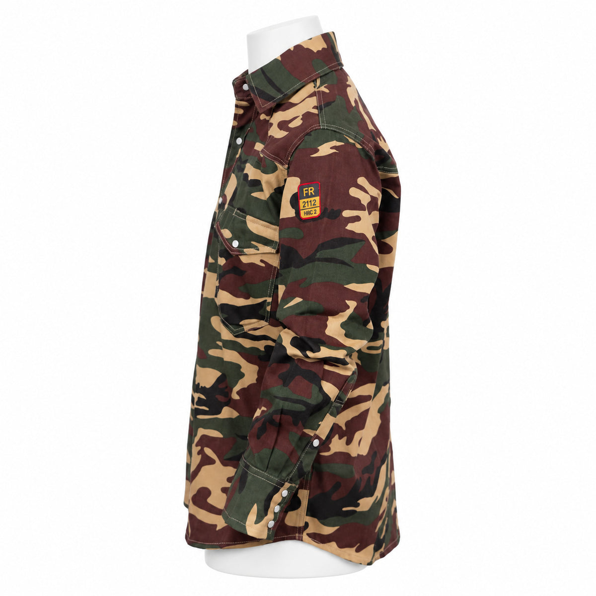 FR Camouflage Work Shirt – Military Camouflage – left side view on mannequin
