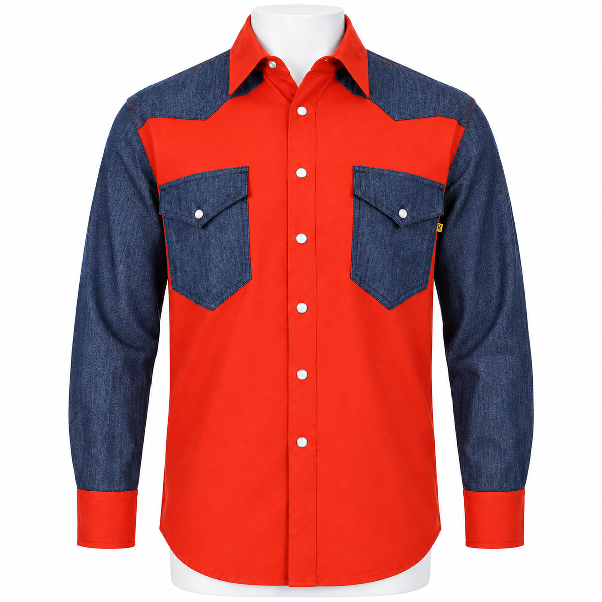 FR Two-Tone Western Shirt – Red / Denim – front view on mannequin