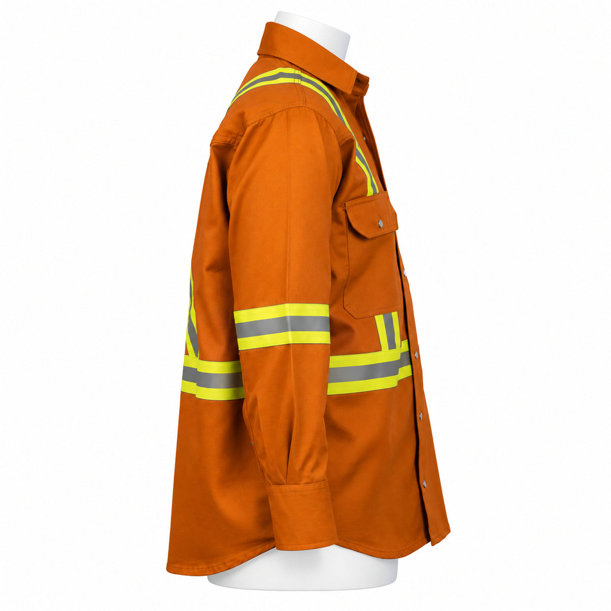 FR Hi-Vis Pearl Snap Work Shirt – Orange – right side view on mannequin