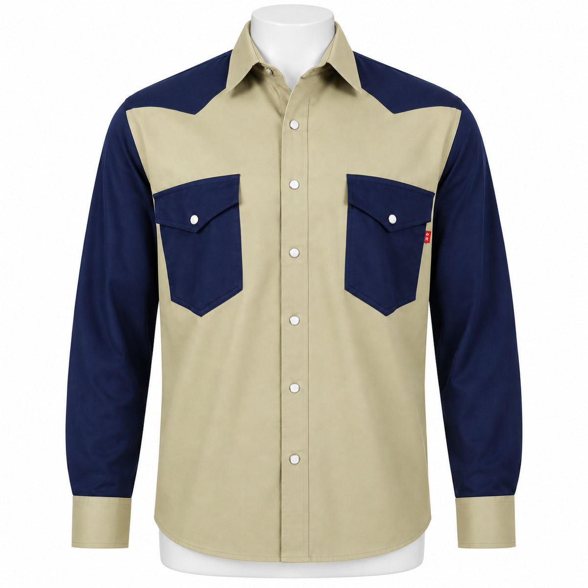 FR Two-Tone Western Shirt – Khaki / Navy Blue – front view on mannequin