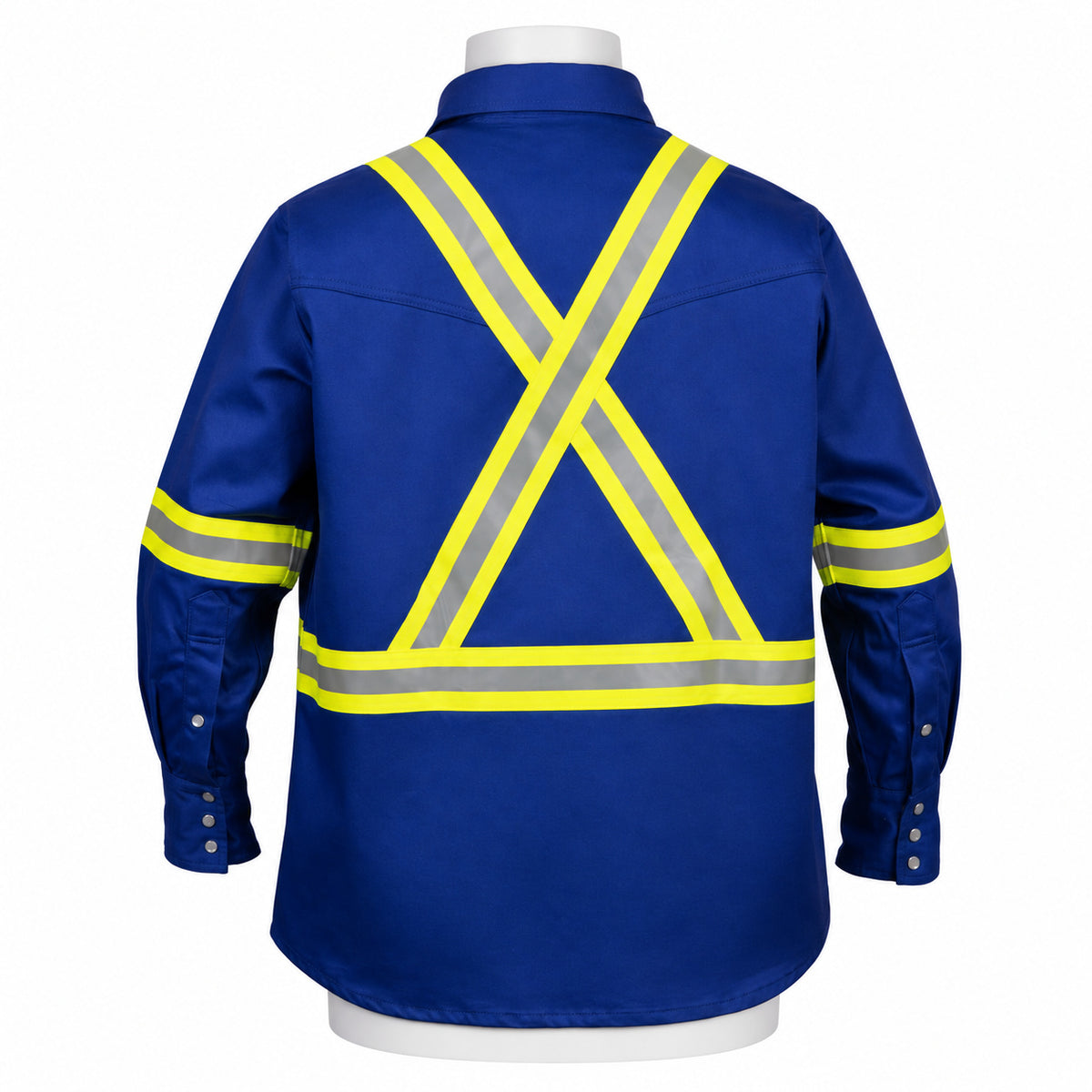 FR Hi-Vis Pearl Snap Work Shirt – Royal Blue – back view on mannequin