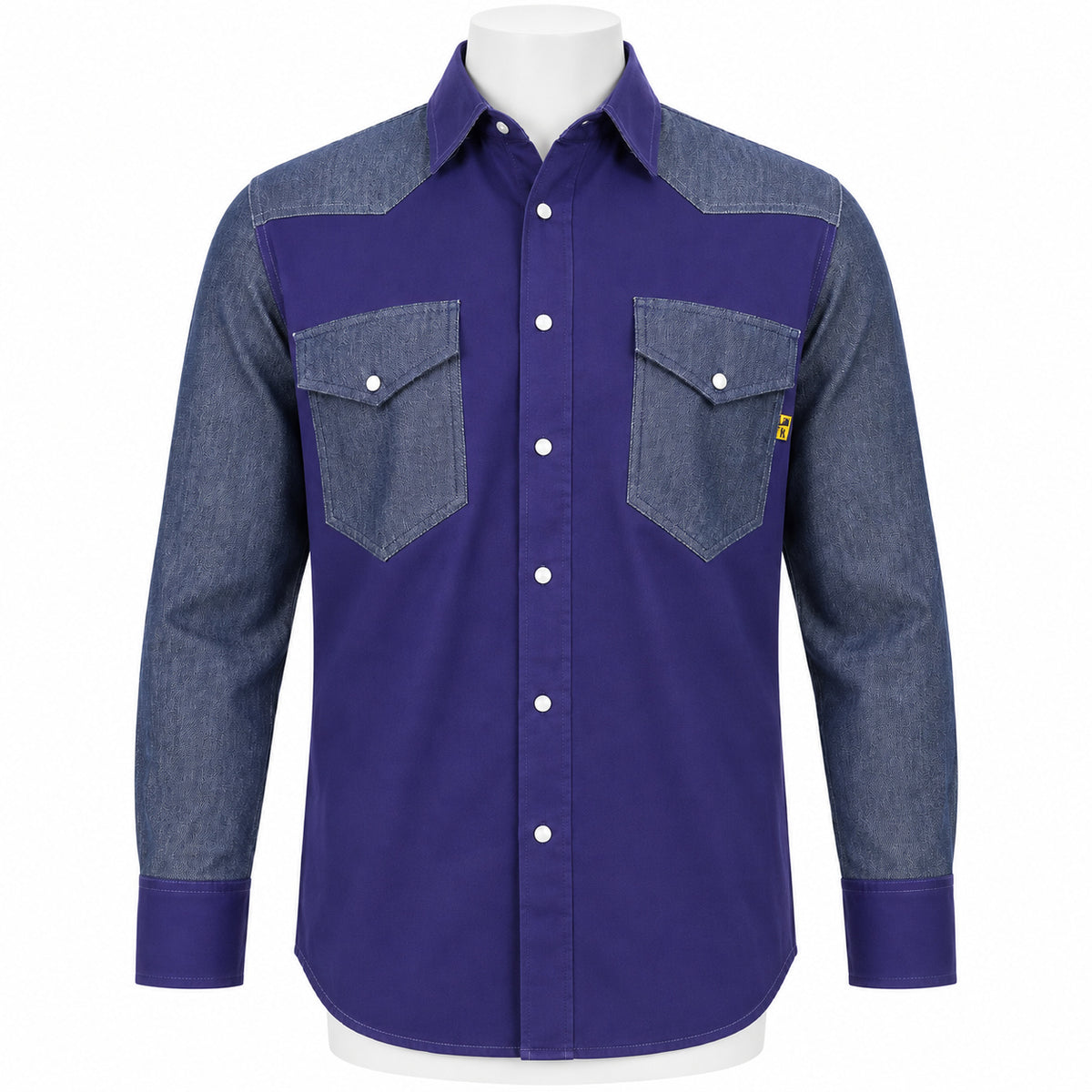 FR Two-Tone Western Shirt – Navy Blue / Denim – front view on mannequin