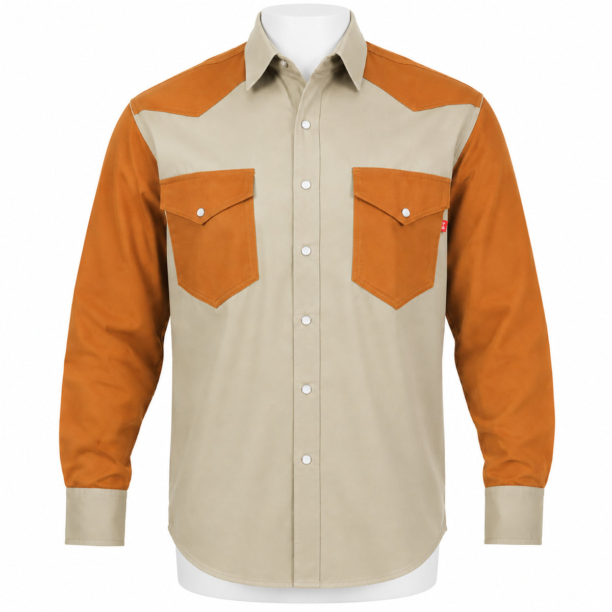FR Two-Tone Western Shirt – Khaki / Rust – front view on mannequin