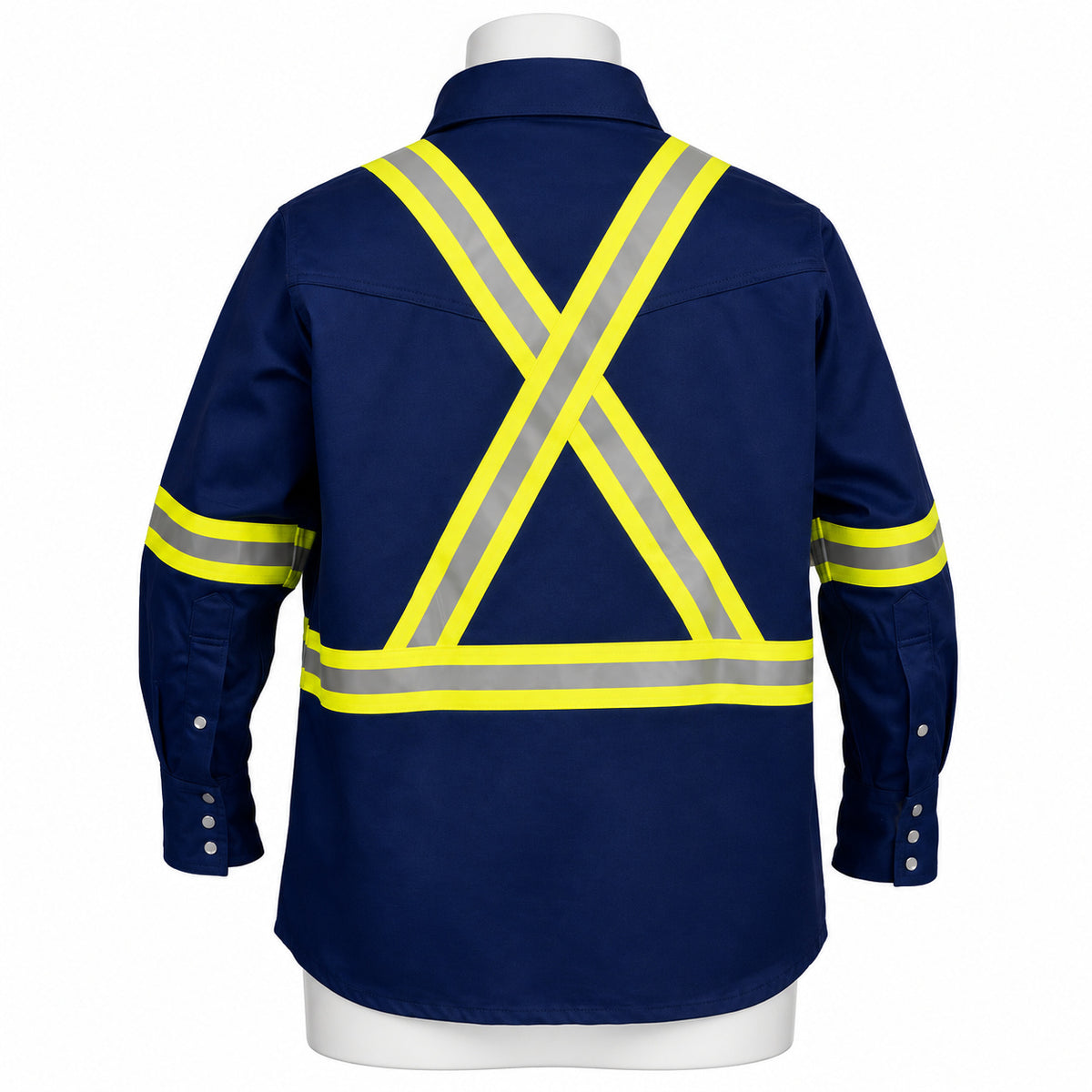 FR Hi-Vis Pearl Snap Work Shirt – Navy Blue – back view on mannequin