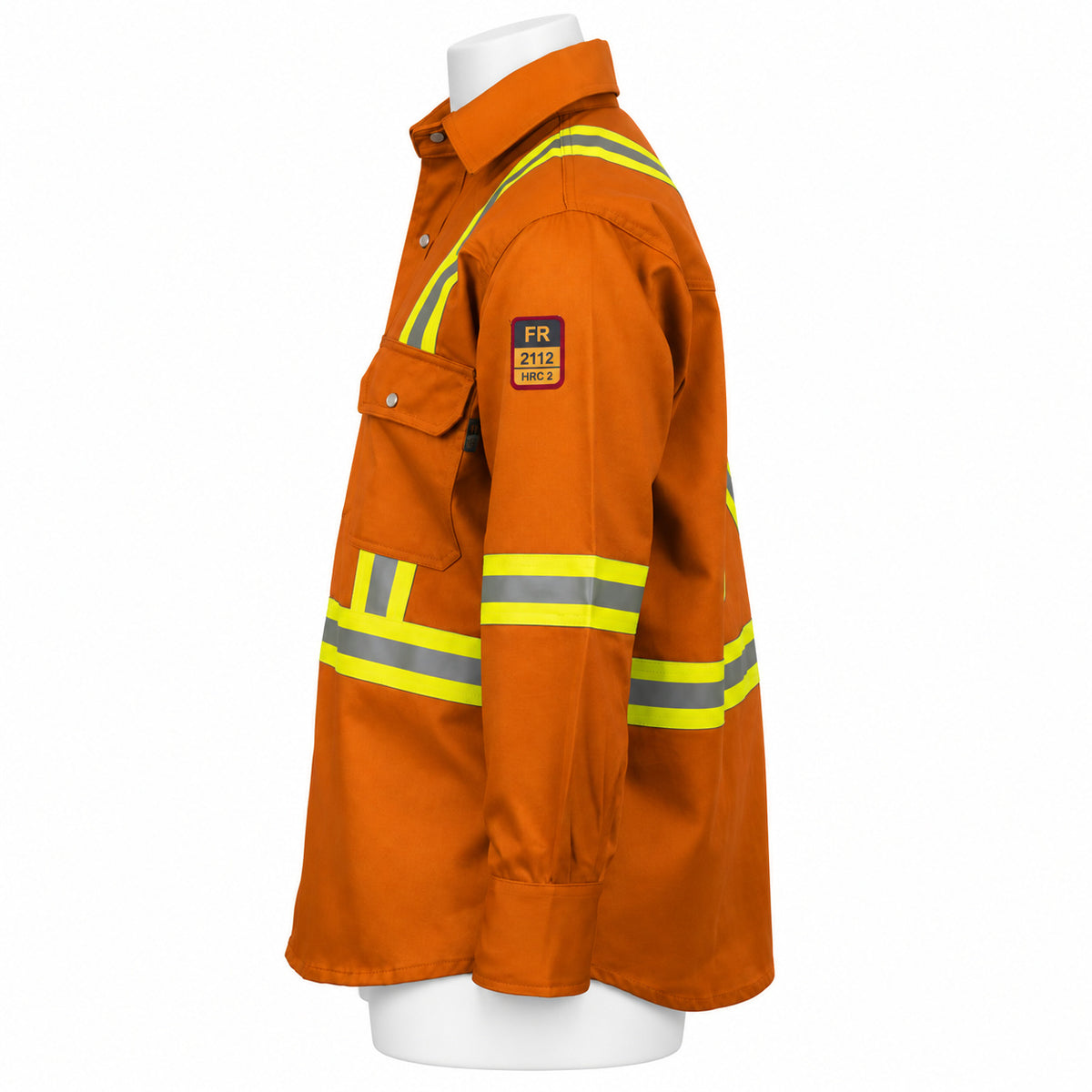 FR Hi-Vis Pearl Snap Work Shirt – Orange – left side view on mannequin