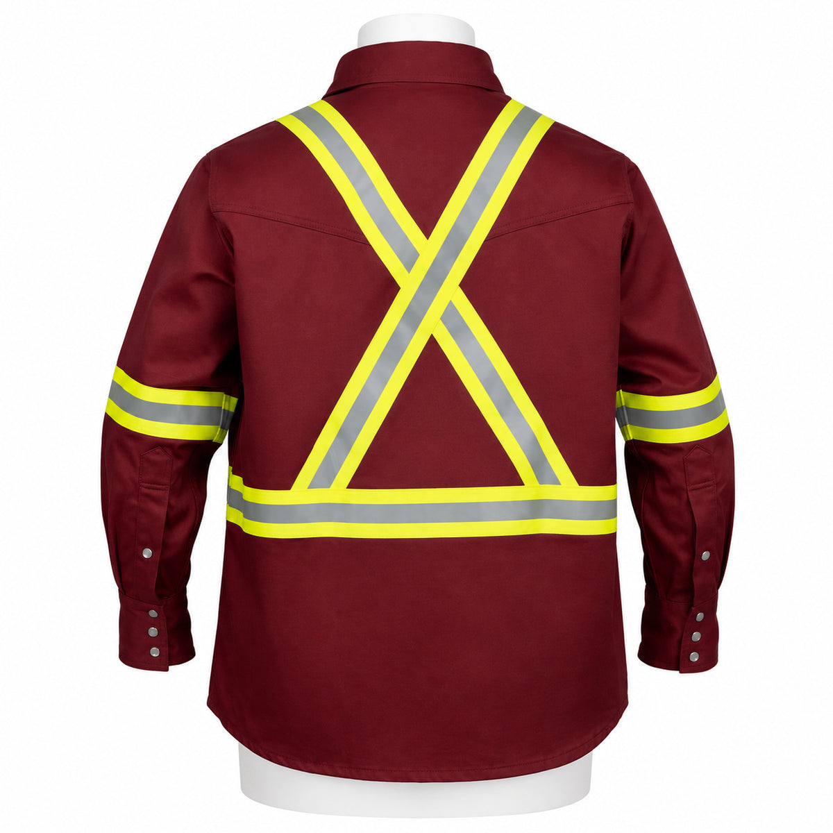 FR Hi-Vis Pearl Snap Work Shirt – Maroon – back view on mannequin