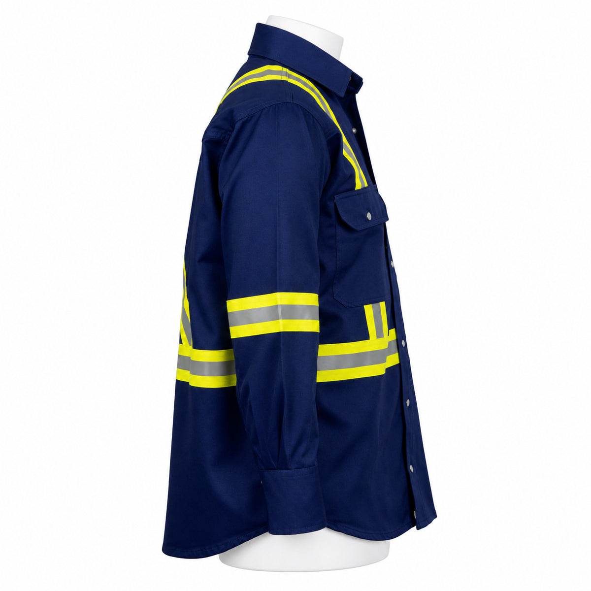 FR Hi-Vis Pearl Snap Work Shirt – Navy Blue – right side view on mannequin