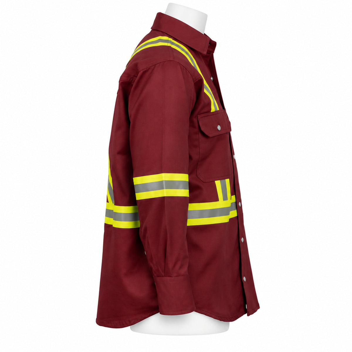 FR Hi-Vis Pearl Snap Work Shirt – Maroon – right side view on mannequin