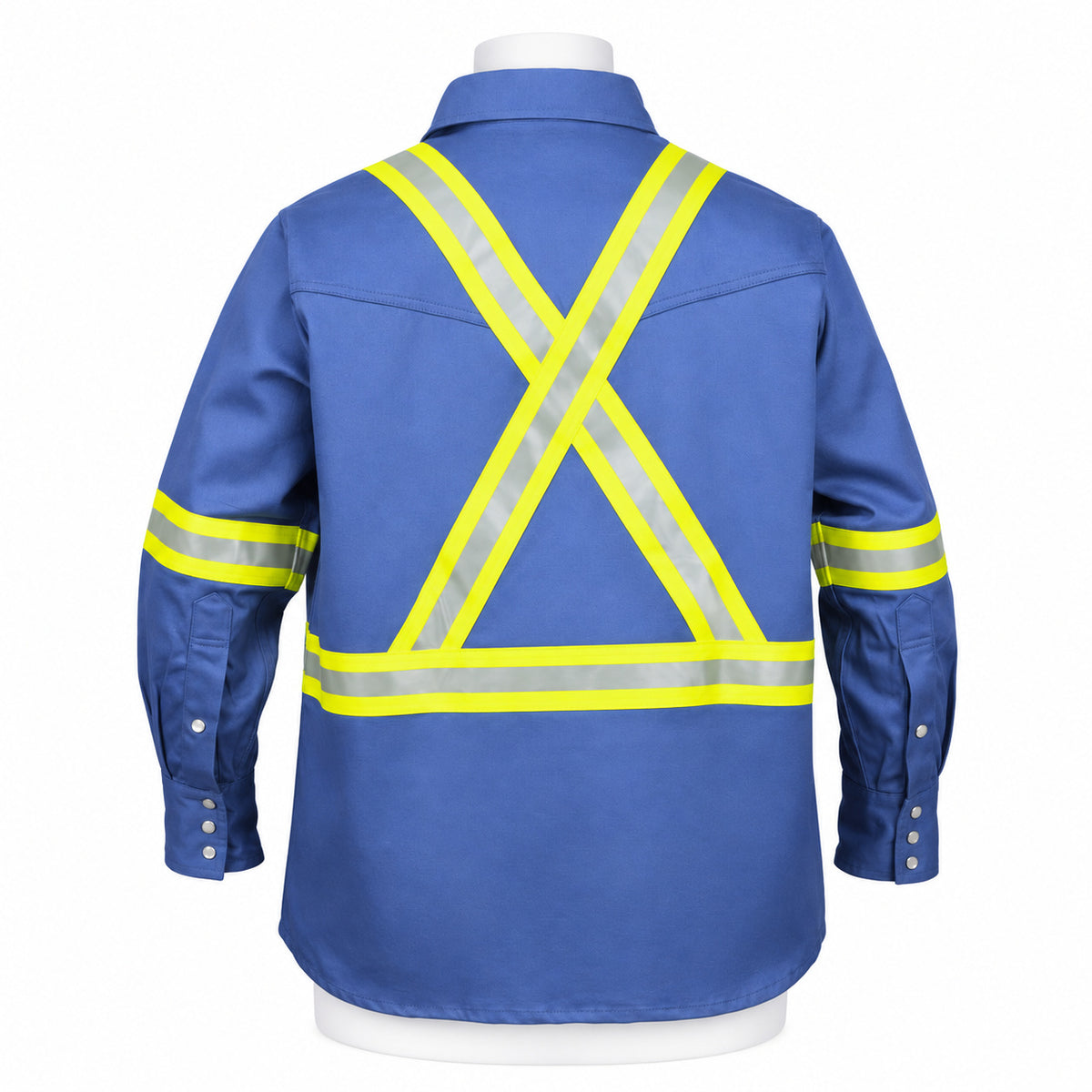FR Hi-Vis Pearl Snap Work Shirt – Light Blue – back view on mannequin
