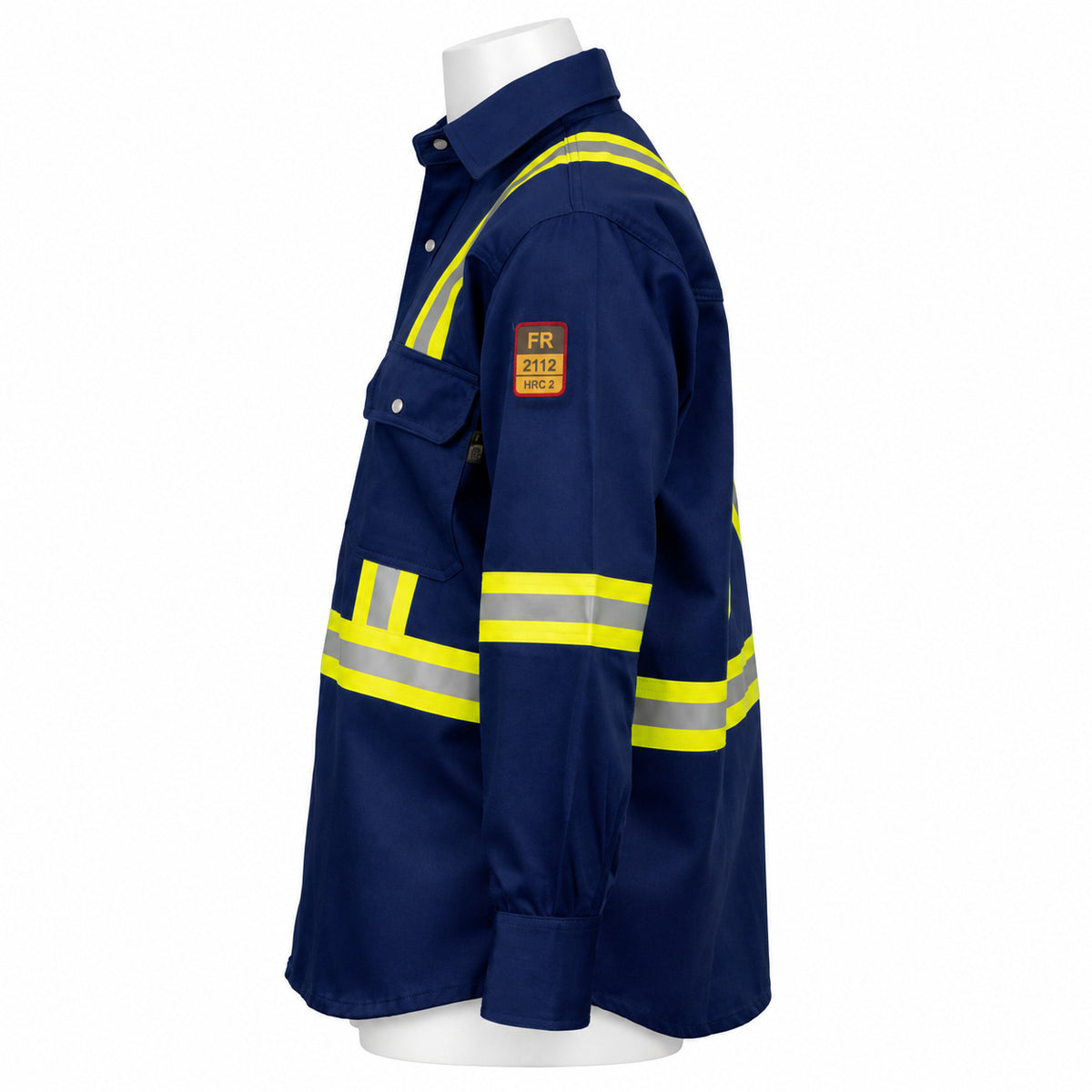FR Hi-Vis Pearl Snap Work Shirt – Navy Blue – left side view on mannequin