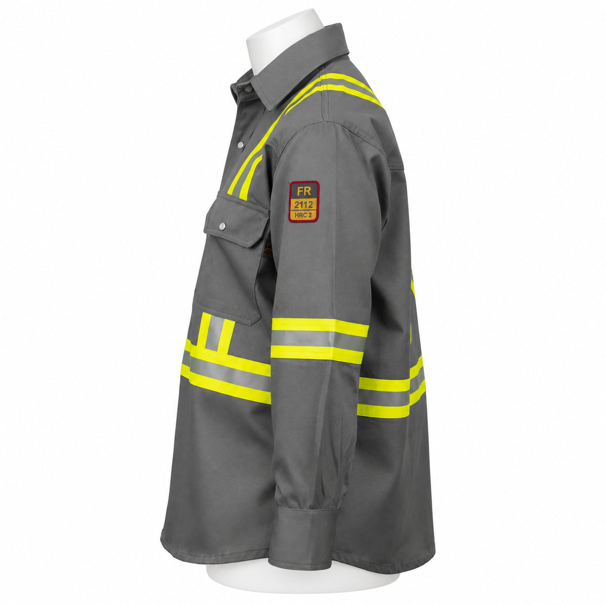 FR Hi-Vis Pearl Snap Work Shirt – Light Grey – left side view on mannequin