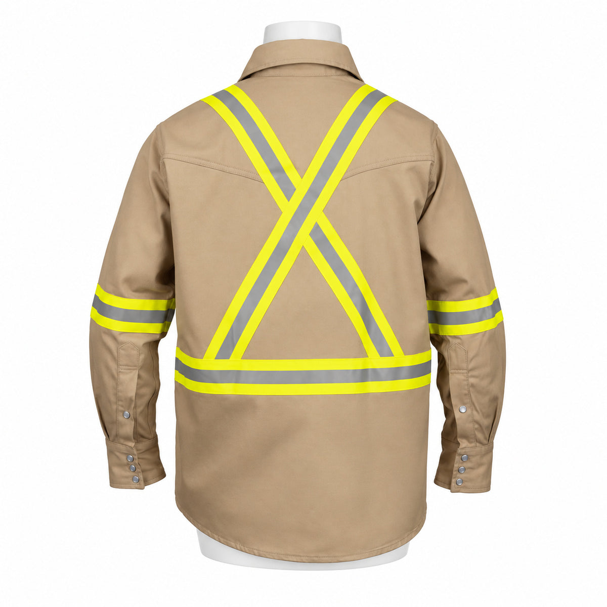 FR Hi-Vis Pearl Snap Work Shirt – Khaki – back view on mannequin