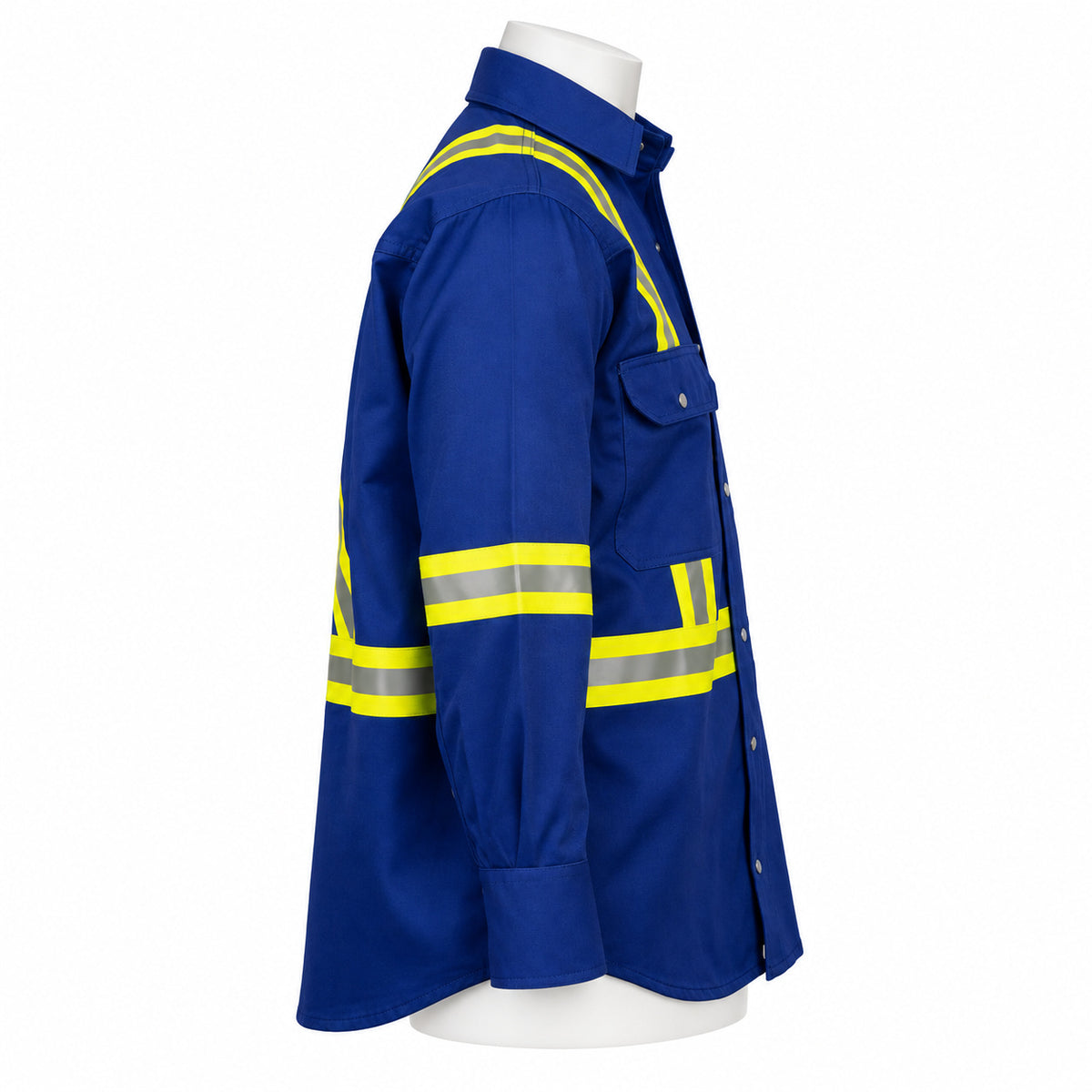 FR Hi-Vis Pearl Snap Work Shirt – Royal Blue – right side view on mannequin