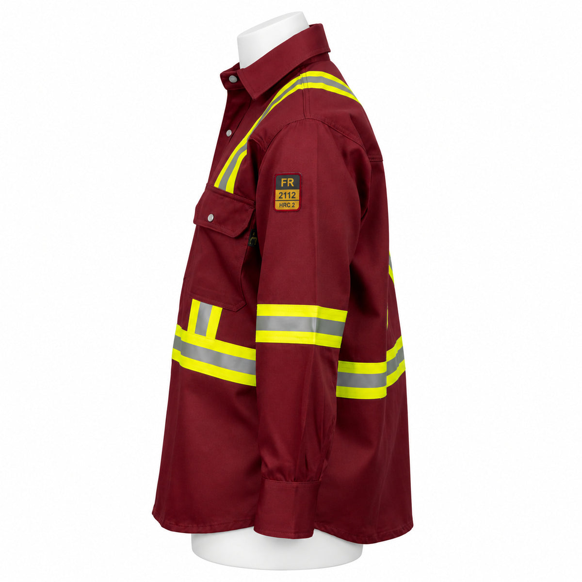 FR Hi-Vis Pearl Snap Work Shirt – Maroon – left side view on mannequin