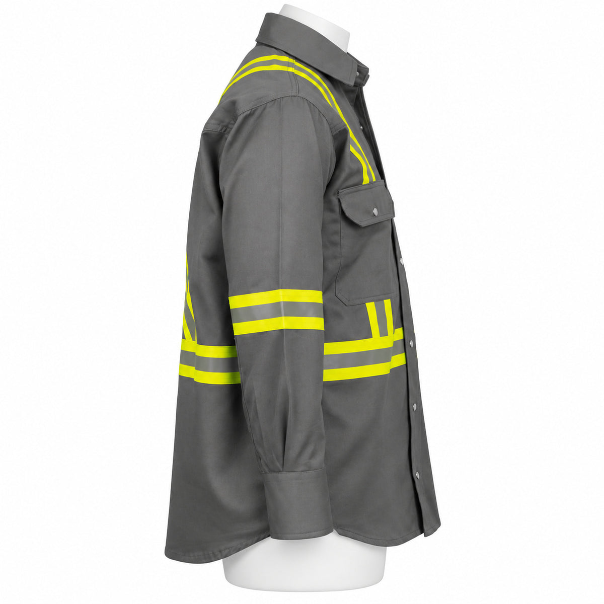 FR Hi-Vis Pearl Snap Work Shirt – Light Grey – right side view on mannequin