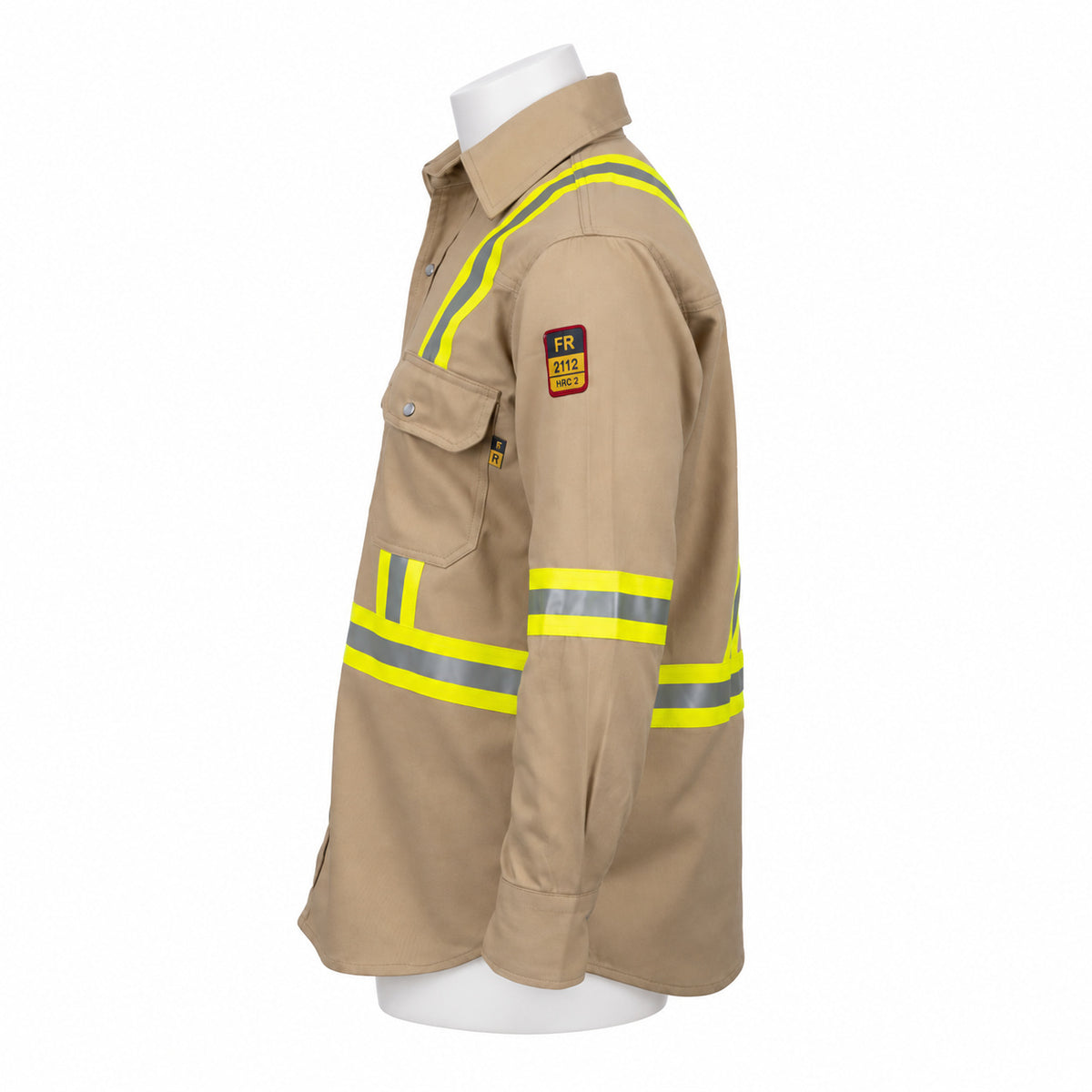 FR Hi-Vis Pearl Snap Work Shirt – Khaki – left side view on mannequin