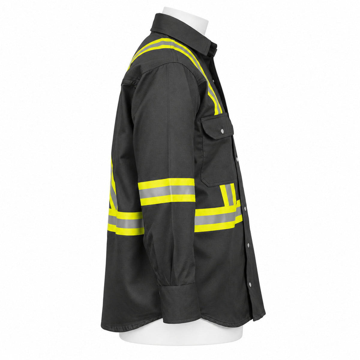 FR Hi-Vis Pearl Snap Work Shirt – Dark Grey – right side view on mannequin