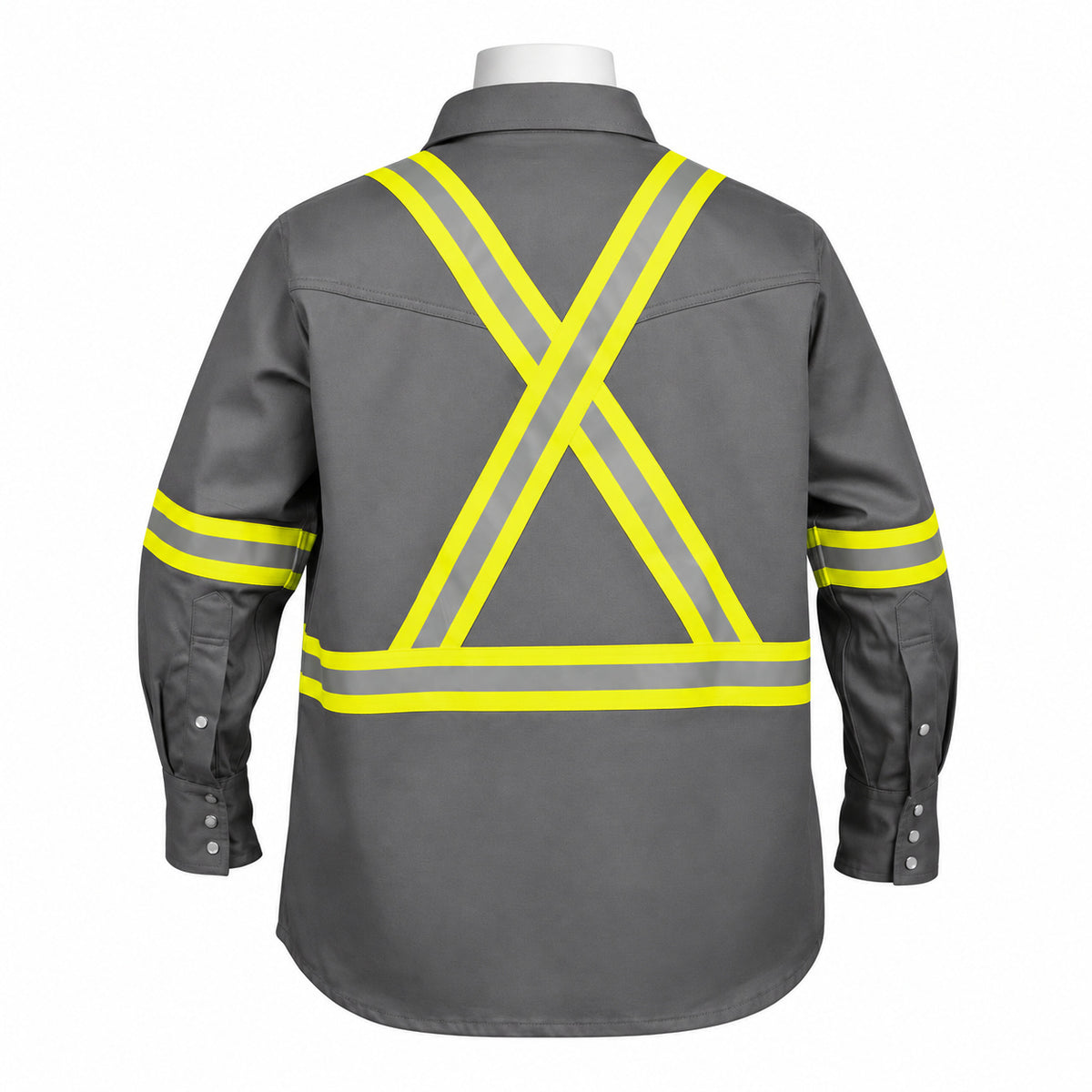 FR Hi-Vis Pearl Snap Work Shirt – Light Grey – back view on mannequin