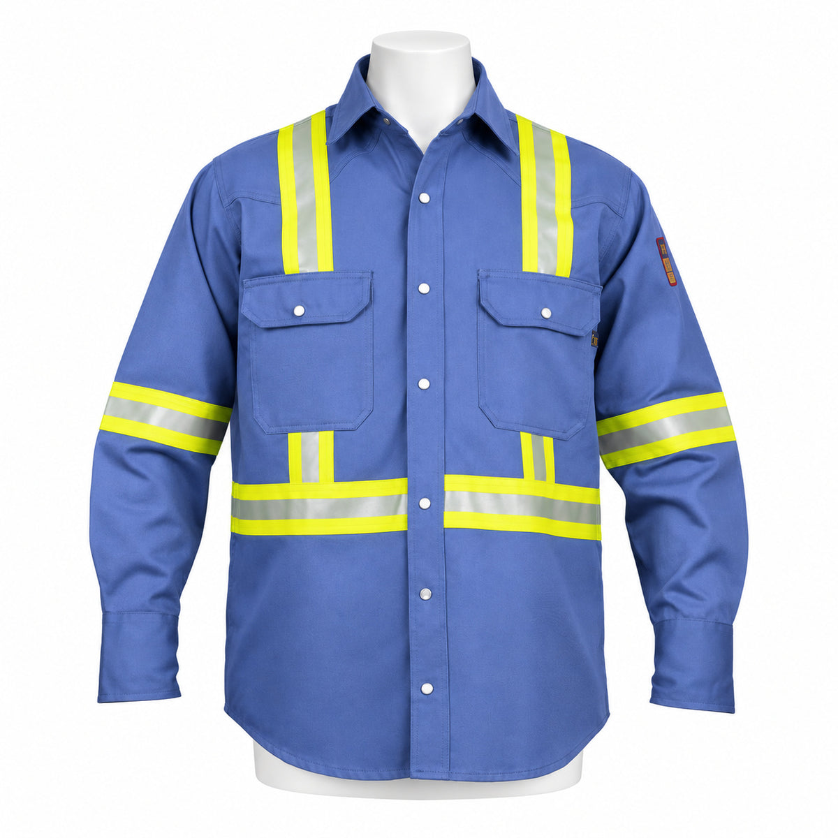 FR Hi-Vis Pearl Snap Work Shirt – Light Blue – front view on mannequin