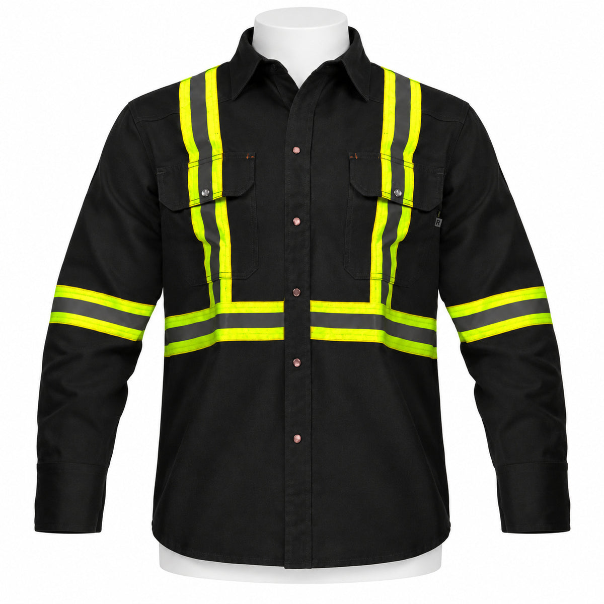 FR Hi-Vis Pearl Snap Work Shirt – Black – front view on mannequin