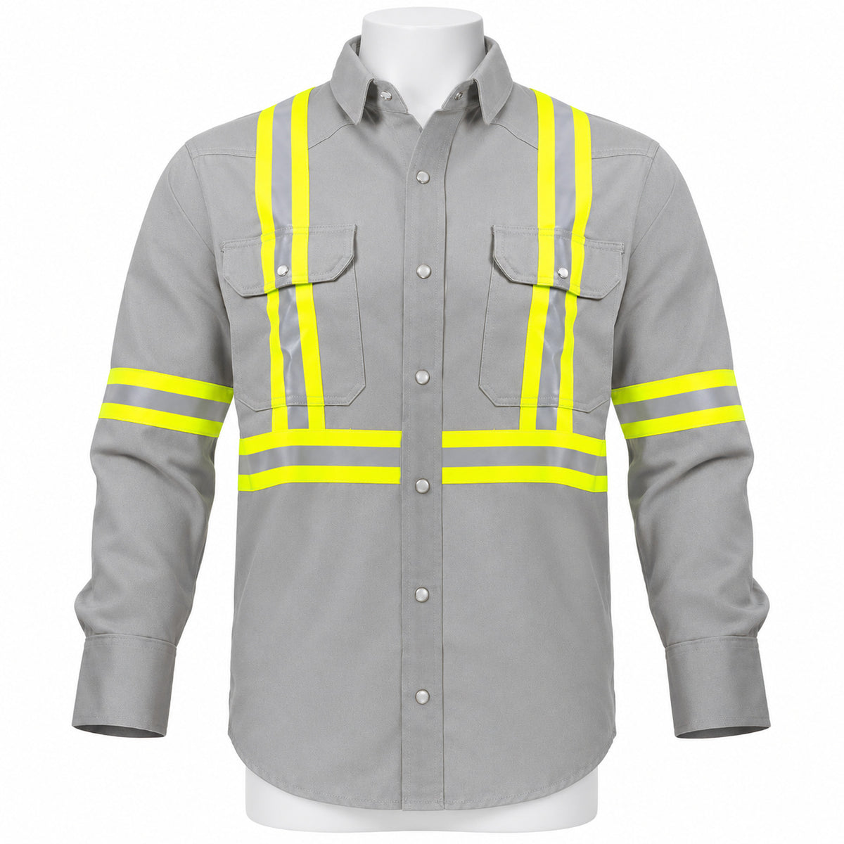 FR Hi-Vis Pearl Snap Work Shirt – Light Grey – front view on mannequin