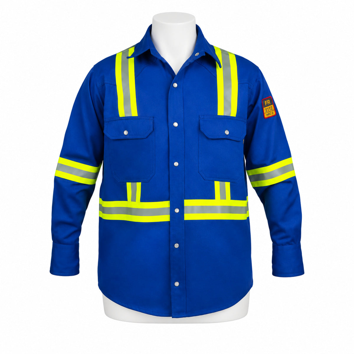 FR Hi-Vis Pearl Snap Work Shirt – Royal Blue – front view on mannequin
