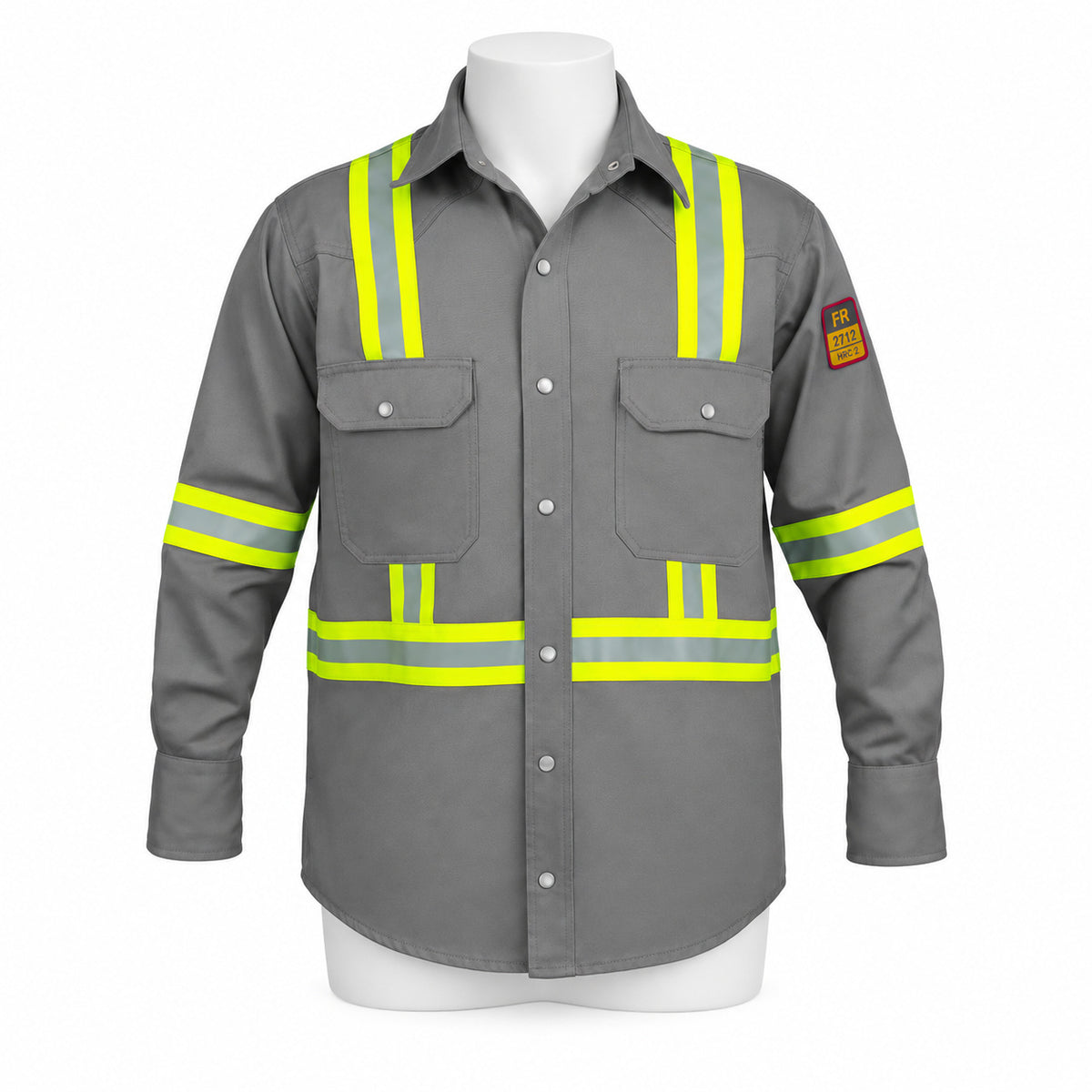 FR Hi-Vis Pearl Snap Work Shirt – Light Grey – front view on mannequin