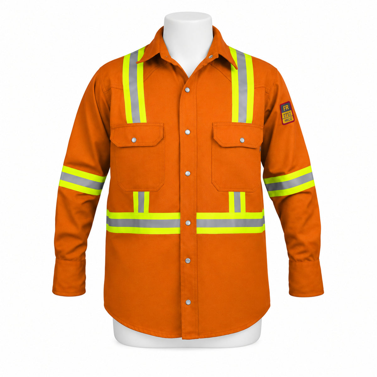 FR Hi-Vis Pearl Snap Work Shirt – Orange – front view on mannequin