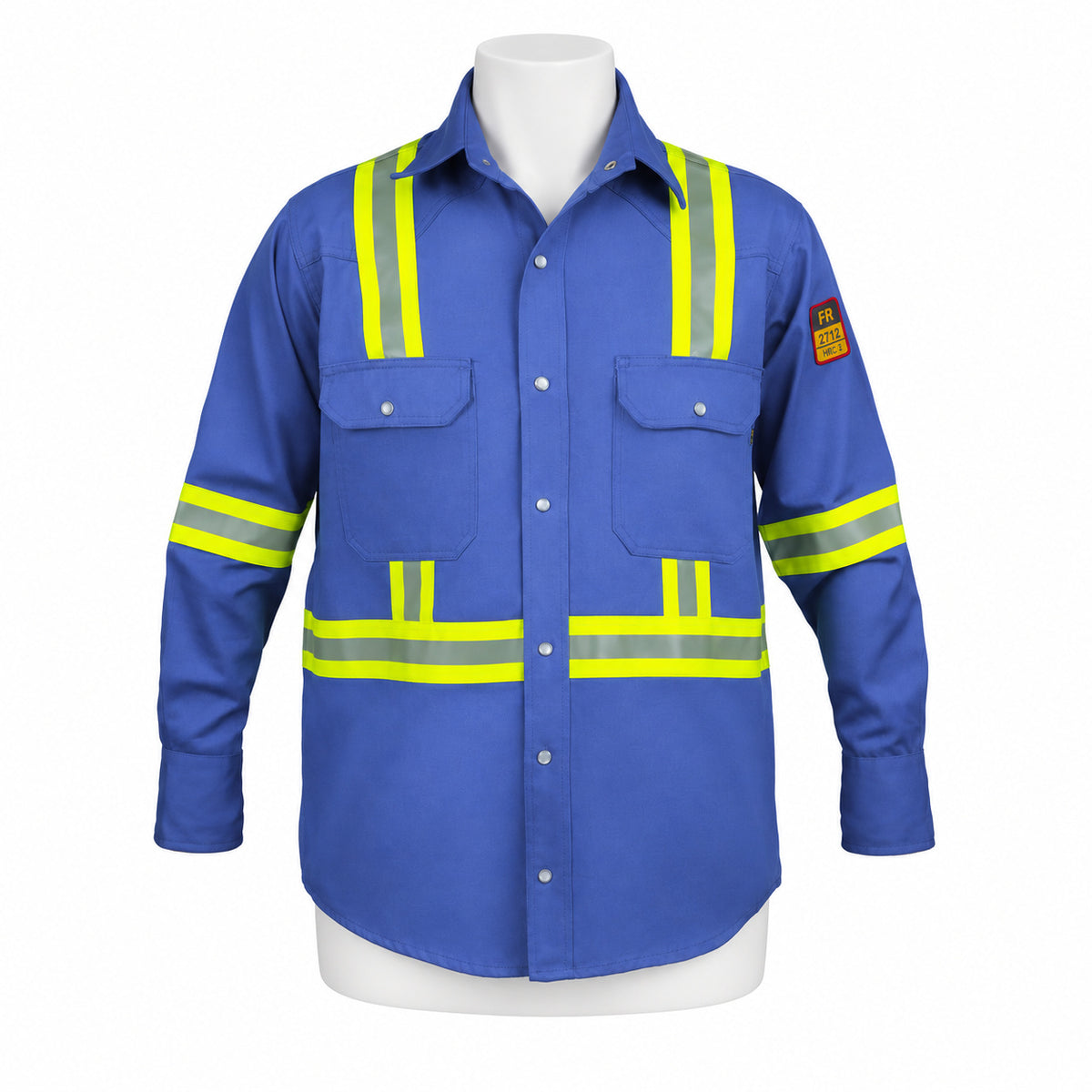 FR Hi-Vis Pearl Snap Work Shirt – Light Blue – front view on mannequin