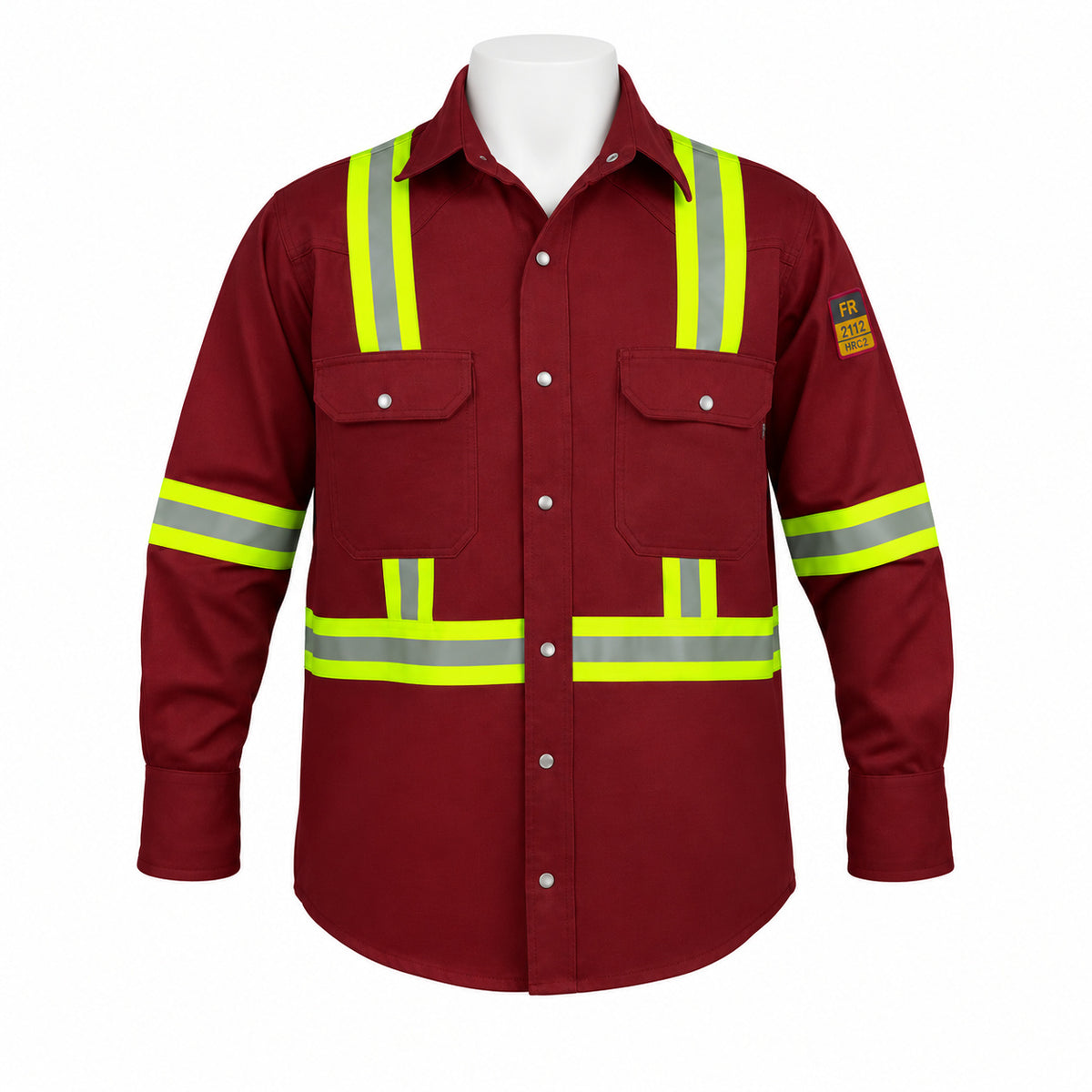FR Hi-Vis Pearl Snap Work Shirt – Maroon – front view on mannequin