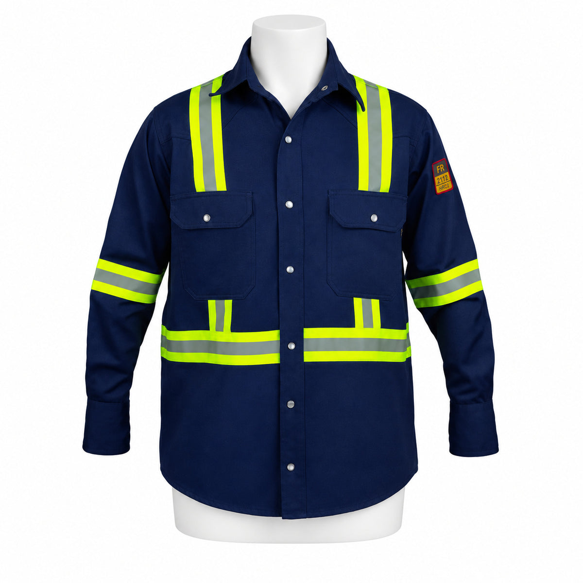 FR Hi-Vis Pearl Snap Work Shirt – Navy Blue – front view on mannequin