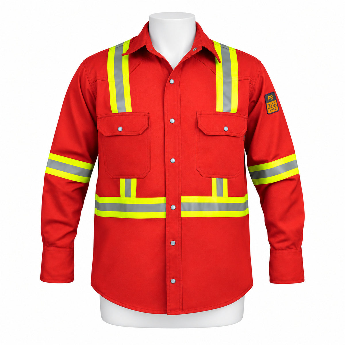 FR Hi-Vis Pearl Snap Work Shirt – Red – front view on mannequin