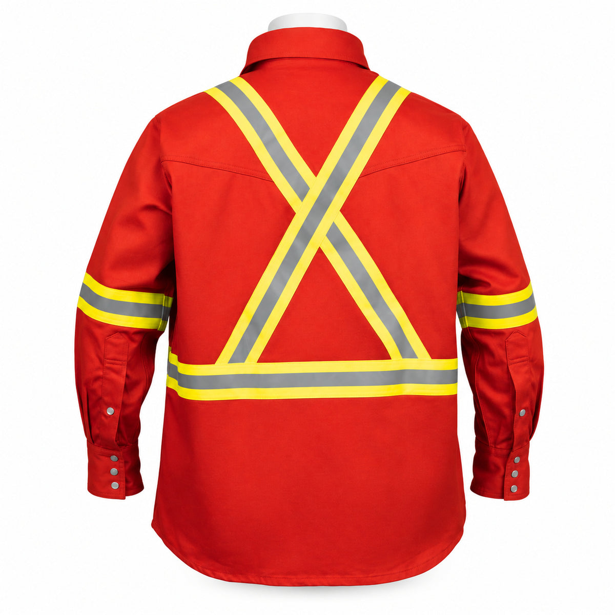 FR Hi-Vis Pearl Snap Work Shirt – Red – back view on mannequin