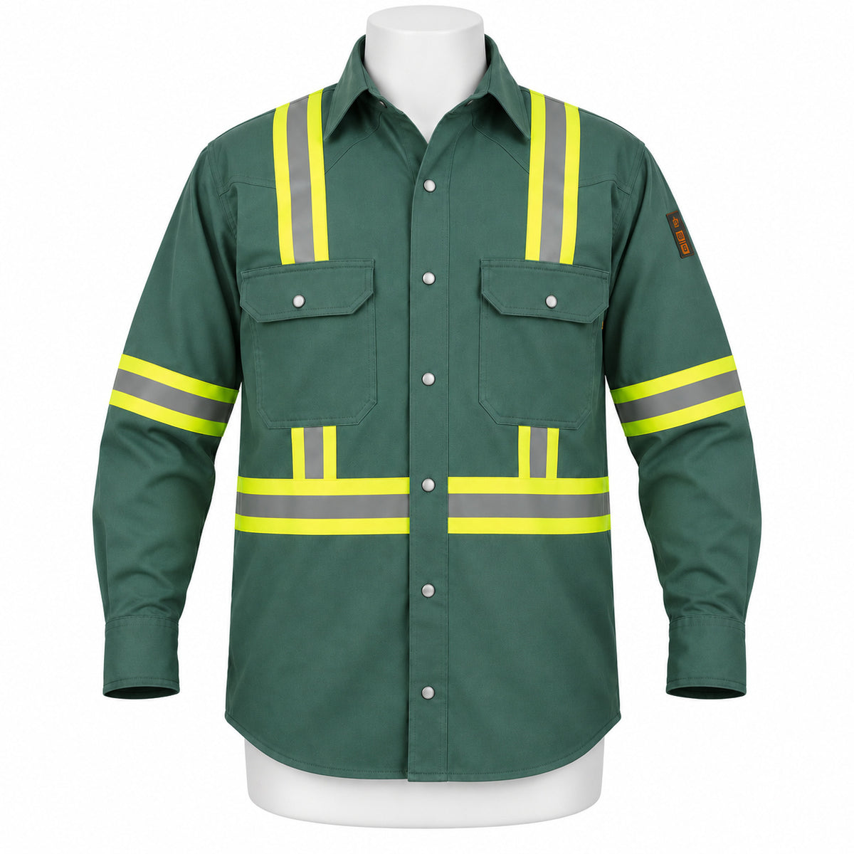 FR Hi-Vis Pearl Snap Work Shirt – Bottle Green – front view on mannequin